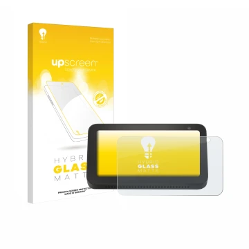 Face avant d’un emballage produit avec le logo de la marque upscreen. À côté, l’appareil Amazon Echo Show 5 (2e Gen.) est repr