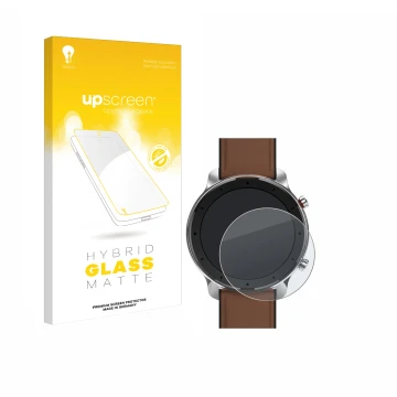 Face avant d’un emballage produit avec le logo de la marque upscreen. À côté, l’appareil Huami Amazfit GTR (47 mm) est représe