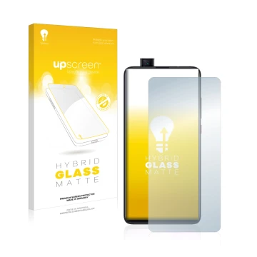 Face avant d’un emballage produit avec le logo de la marque upscreen. À côté, l’appareil Xiaomi Mi 9T est représenté avec la p