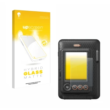 Face avant d’un emballage produit avec le logo de la marque upscreen. À côté, l’appareil Fujifilm Instax Mini LiPlay est repré