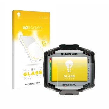 Face avant d’un emballage produit avec le logo de la marque upscreen. À côté, l’appareil Mares Quad Air est représenté avec la