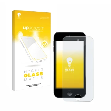 Face avant d’un emballage produit avec le logo de la marque upscreen. À côté, l’appareil Apple iPod Touch (7ème Gen.) est repr