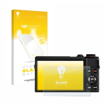 Face avant d’un emballage produit avec le logo de la marque upscreen. À côté, l’appareil Canon PowerShot G7 X Mark III est rep