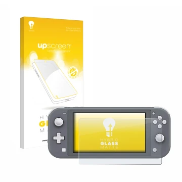 Face avant d’un emballage produit avec le logo de la marque upscreen. À côté, l’appareil Nintendo Switch Lite est représenté a