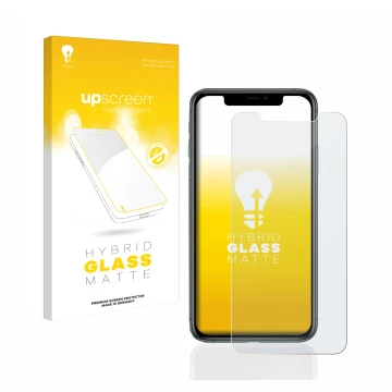 Face avant d’un emballage produit avec le logo de la marque upscreen. À côté, l’appareil Apple iPhone 11 Pro Max est représent