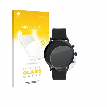 Face avant d’un emballage produit avec le logo de la marque upscreen. À côté, l’appareil Fossil The Carlyle HR (5.Gen) est rep