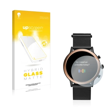 Face avant d’un emballage produit avec le logo de la marque upscreen. À côté, l’appareil Fossil Julianna HR (5.Gen) est représ