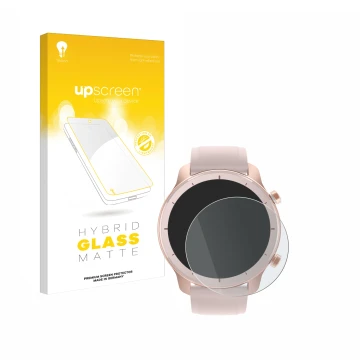 Face avant d’un emballage produit avec le logo de la marque upscreen. À côté, l’appareil Huami Amazfit GTR (42 mm) est représe