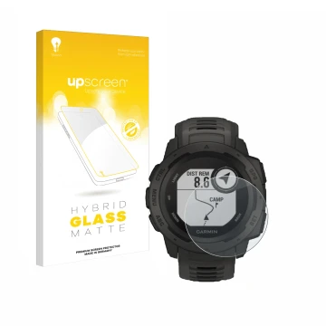 Face avant d’un emballage produit avec le logo de la marque upscreen. À côté, l’appareil Garmin Instinct Tactical Edition est 