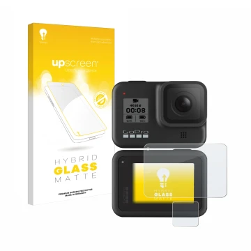 Face avant d’un emballage produit avec le logo de la marque upscreen. À côté, l’appareil GoPro Hero 8 Black est représenté ave