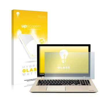 Face avant d’un emballage produit avec le logo de la marque upscreen. À côté, l’appareil Toshiba Satellite P50-C-124 est repré