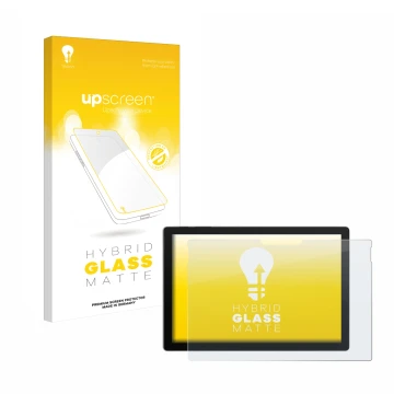 Face avant d’un emballage produit avec le logo de la marque upscreen. À côté, l’appareil Microsoft Surface Pro 7 est représent