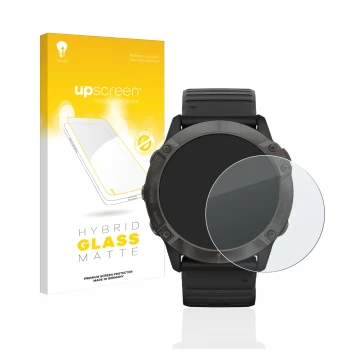 Face avant d’un emballage produit avec le logo de la marque upscreen. À côté, l’appareil Garmin Fenix 6X Pro est représenté av