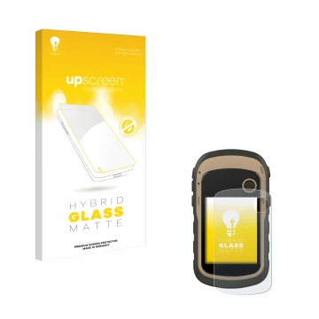 Face avant d’un emballage produit avec le logo de la marque upscreen. À côté, l’appareil Garmin eTrex 32x est représenté avec 