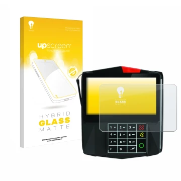 Face avant d’un emballage produit avec le logo de la marque upscreen. À côté, l’appareil ingenico Lane/7000 est représenté ave