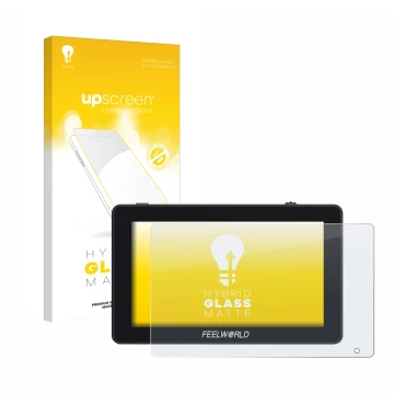 Face avant d’un emballage produit avec le logo de la marque upscreen. À côté, l’appareil Feelworld F6 Plus est représenté avec