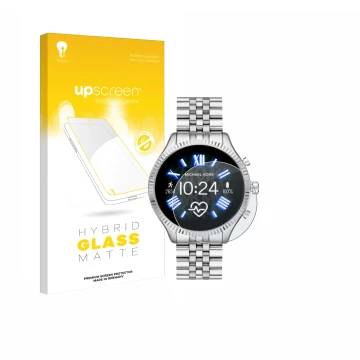 Face avant d’un emballage produit avec le logo de la marque upscreen. À côté, l’appareil Michael Kors Access Lexington 2 est r