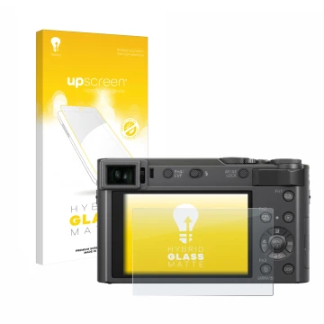 Face avant d’un emballage produit avec le logo de la marque upscreen. À côté, l’appareil Panasonic Lumix DC-TZ200 est représen