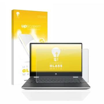 Face avant d’un emballage produit avec le logo de la marque upscreen. À côté, l’appareil HP Pavilion x360 (14-dhX) est représe