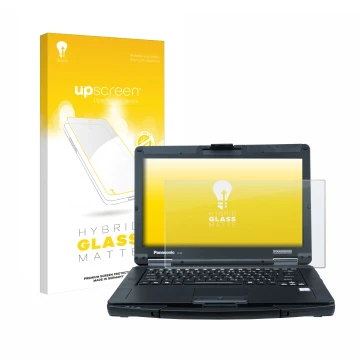 Face avant d’un emballage produit avec le logo de la marque upscreen. À côté, l’appareil Panasonic Toughbook 55 HD est représe