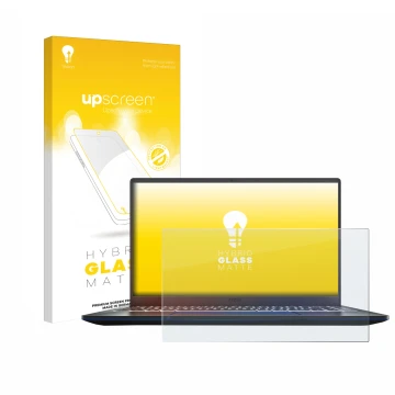 Face avant d’un emballage produit avec le logo de la marque upscreen. À côté, l’appareil MSI Prestige 14 est représenté avec l