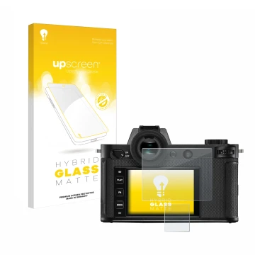 Face avant d’un emballage produit avec le logo de la marque upscreen. À côté, l’appareil Leica SL2 est représenté avec la prot
