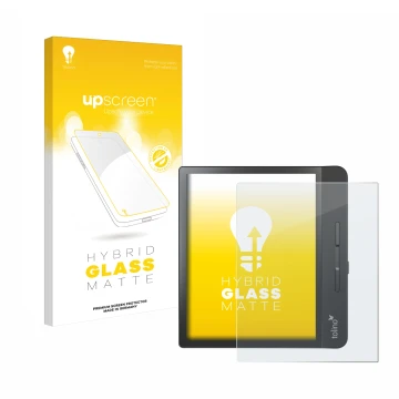 Face avant d’un emballage produit avec le logo de la marque upscreen. À côté, l’appareil Tolino Epos 2 est représenté avec la 