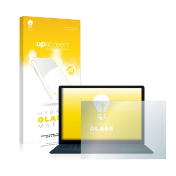 Face avant d’un emballage produit avec le logo de la marque upscreen. À côté, l’appareil Microsoft Surface Laptop 3 13.5