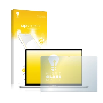 Face avant d’un emballage produit avec le logo de la marque upscreen. À côté, l’appareil Apple MacBook Pro 16