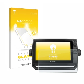 Face avant d’un emballage produit avec le logo de la marque upscreen. À côté, l’appareil Garmin ECHOMAP UHD 92sv est représent