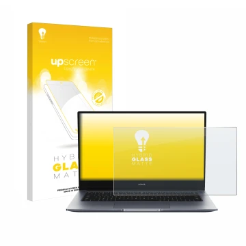 Face avant d’un emballage produit avec le logo de la marque upscreen. À côté, l’appareil Honor MagicBook 14