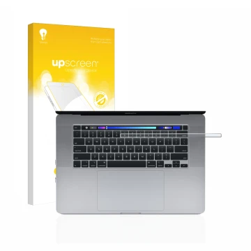 Face avant d’un emballage produit avec le logo de la marque upscreen. À côté, l’appareil Apple MacBook Pro 16