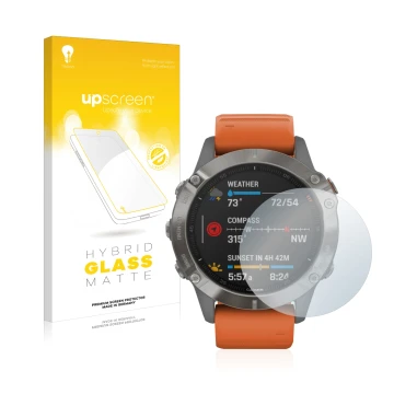 Face avant d’un emballage produit avec le logo de la marque upscreen. À côté, l’appareil Garmin Fenix 6 est représenté avec la