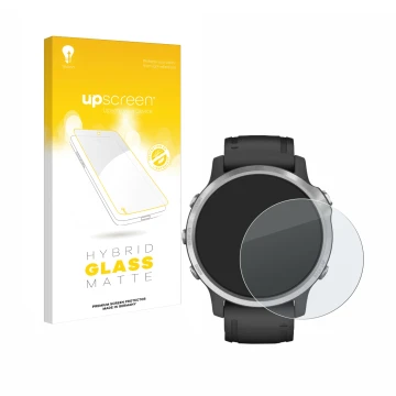 Face avant d’un emballage produit avec le logo de la marque upscreen. À côté, l’appareil Garmin Fenix 6S est représenté avec l