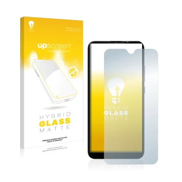 Face avant d’un emballage produit avec le logo de la marque upscreen. À côté, l’appareil Gigaset GS110 est représenté avec la 