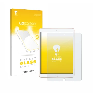 Face avant d’un emballage produit avec le logo de la marque upscreen. À côté, l’appareil Apple iPad 10.2