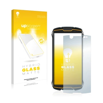 Face avant d’un emballage produit avec le logo de la marque upscreen. À côté, l’appareil Cubot King Kong Mini est représenté a