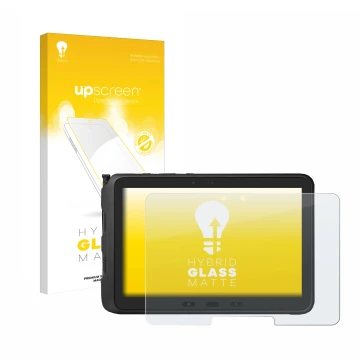 Face avant d’un emballage produit avec le logo de la marque upscreen. À côté, l’appareil Samsung Galaxy Tab Active Pro est rep