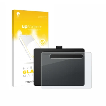 Face avant d’un emballage produit avec le logo de la marque upscreen. À côté, l’appareil Wacom Intuos M est représenté avec la