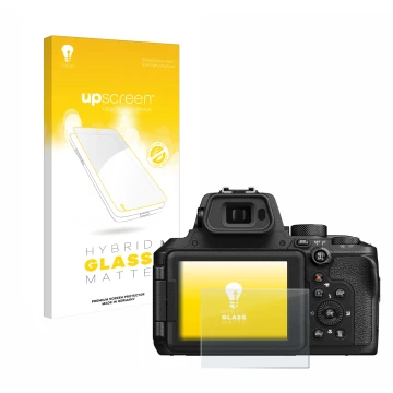 Face avant d’un emballage produit avec le logo de la marque upscreen. À côté, l’appareil Nikon Coolpix P950 est représenté ave