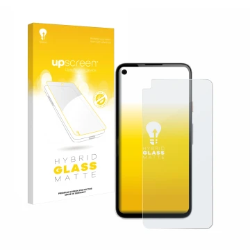 Face avant d’un emballage produit avec le logo de la marque upscreen. À côté, l’appareil Google Pixel 4a est représenté avec l