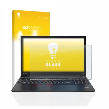Face avant d’un emballage produit avec le logo de la marque upscreen. À côté, l’appareil Lenovo ThinkPad E14 Gen 2 est représe