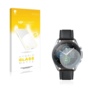 Face avant d’un emballage produit avec le logo de la marque upscreen. À côté, l’appareil Samsung Galaxy Watch 3 (41mm) est rep