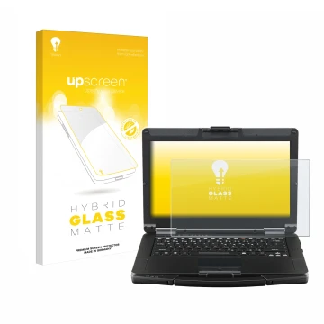 Face avant d’un emballage produit avec le logo de la marque upscreen. À côté, l’appareil Panasonic Toughbook FZ-55 Touch est r