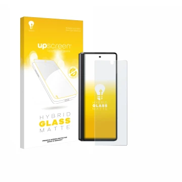 Face avant d’un emballage produit avec le logo de la marque upscreen. À côté, l’appareil Samsung Galaxy Z Fold 2 5G est représ