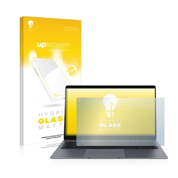 Face avant d’un emballage produit avec le logo de la marque upscreen. À côté, l’appareil Chuwi LapBook Plus est représenté ave