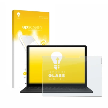 Face avant d’un emballage produit avec le logo de la marque upscreen. À côté, l’appareil Microsoft Surface Book 3 13.5