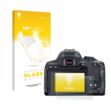 Face avant d’un emballage produit avec le logo de la marque upscreen. À côté, l’appareil Canon EOS 850D est représenté avec la