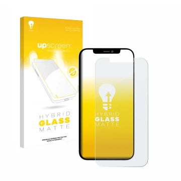 Face avant d’un emballage produit avec le logo de la marque upscreen. À côté, l’appareil Apple iPhone 12 Pro Max est représent