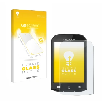 Face avant d’un emballage produit avec le logo de la marque upscreen. À côté, l’appareil Cycplus M1 2.9